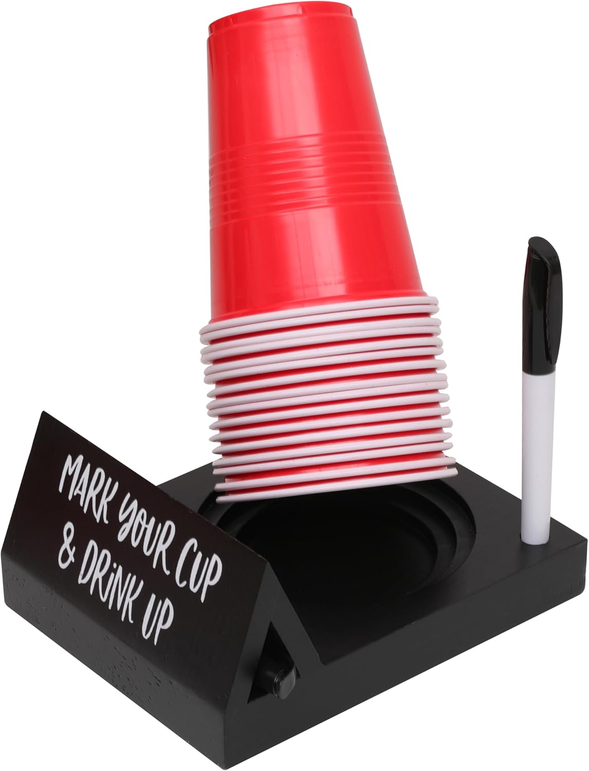 Wooden Brown Party Cup Holder with Marker Slot | Mark Your Cup and Drink Up Cup Holder |Hosting Party Essentials |Disposable Mug Dispenser for Birthday, BBQ, Holiday Events,Housewarming Gift (Brown)