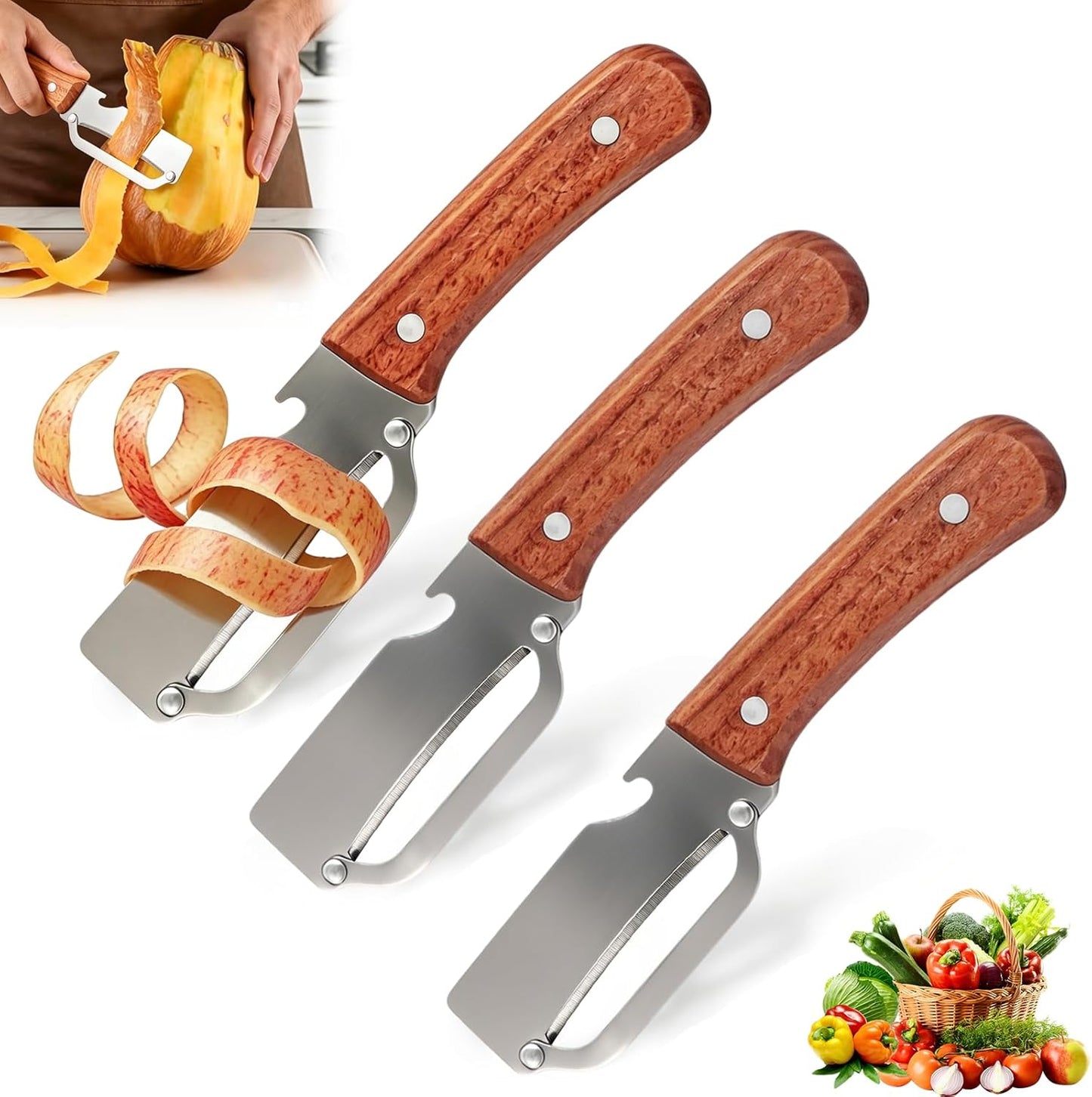 3 PCS Peeler with Wooden Handle, Bottle Opener, Vegetable Fruit Skin Peeling, Stainless Steel Blade Kitchen Tool