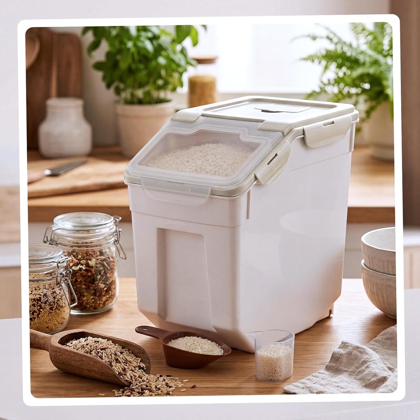 Sunnyray 4 Pcs 55 lbs Grain Rice Storage Container Flour Bin with Wheels Cup Leak Proof Pet Food Storage Boxes Seal Locking Lid Plastic Rice Containers Set for Cereal Flour Cat Dog Food (Blue)
