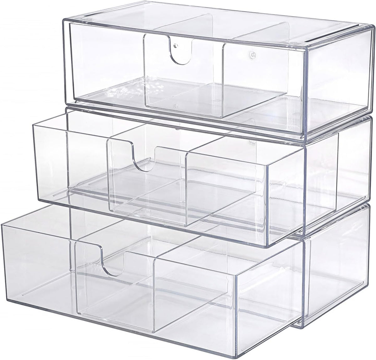 Acrylic Pencil Drawer with Removable Dividers Clear Pull Out Pen Drawer Organizer Stackable Bathroom Organizer for Makeup, Cosmetics, Office Supplies,3 Pack
