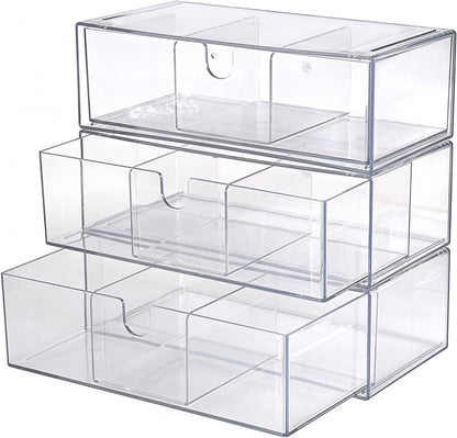 Acrylic Pencil Drawer with Removable Dividers Clear Pull Out Pen Drawer Organizer Stackable Bathroom Organizer for Makeup, Cosmetics, Office Supplies,3 Pack