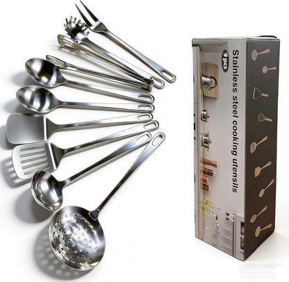 4 Pcs Cooking Utensils Set, Stainless Steel Kitchen Utensils, Heat Resistant Metal Kitchen Tools Include Solid & Slotted Turner Wok Spatula, Serving Spoon, Ergonomic Handle, Easy to Clean, Silver
