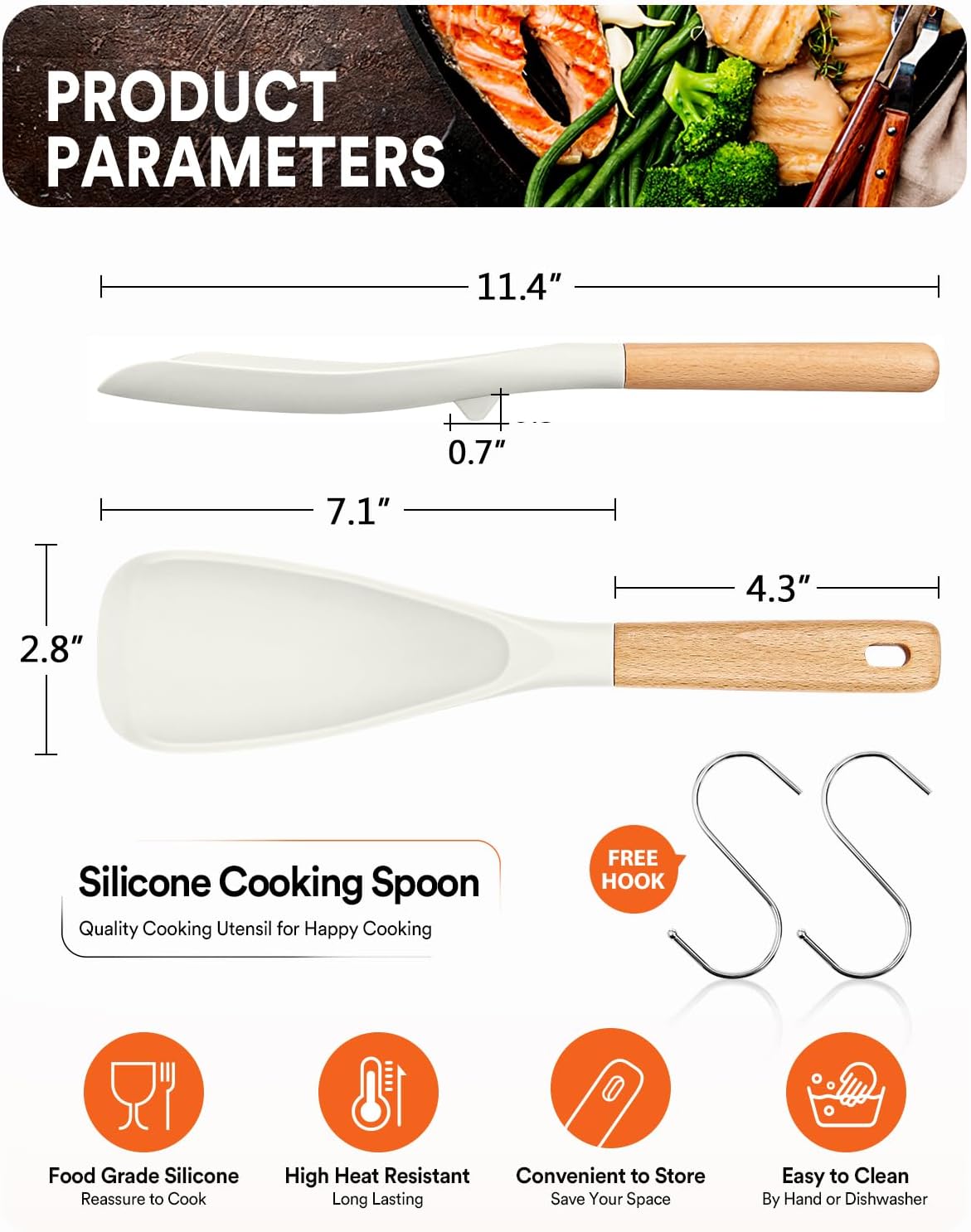 Cooking Spoon for Nonstick Cookwares, Great for Cooking and Serving Sturdy BPA-Free Matte Silicone, Wood Handle Spoon for Mixing, Scoop, and Scrape (Black & Grey, 11.4 inch)