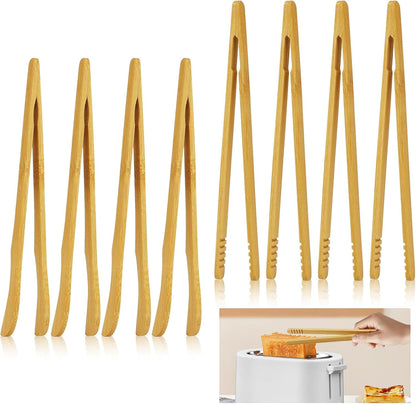 8Pcs Bamboo Toast Tongs, KUAOOAUK Wood Cooking Tongs, Reusable 7’’ Bamboo Kitchen Utensil, Toaster Tong for Fruits Bread Salad Pasta BBQ Cheese Bacon Fruits Tea Muffin