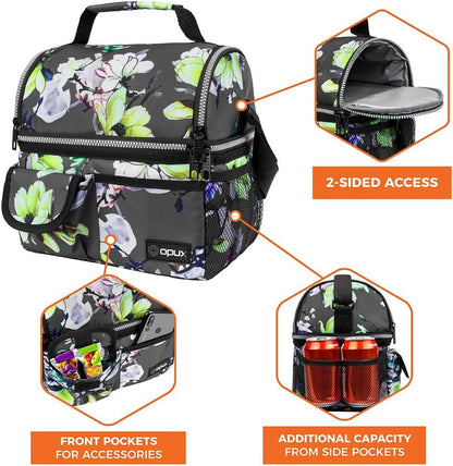 opux Insulated Lunch Bag Women Men, Dual Compartment Leakproof Lunch Box Adults Kids, Double Decker Meal Prep Bento Lunch Cooler Tote with Shoulder Strap for Work Office School Travel, Floral Purple