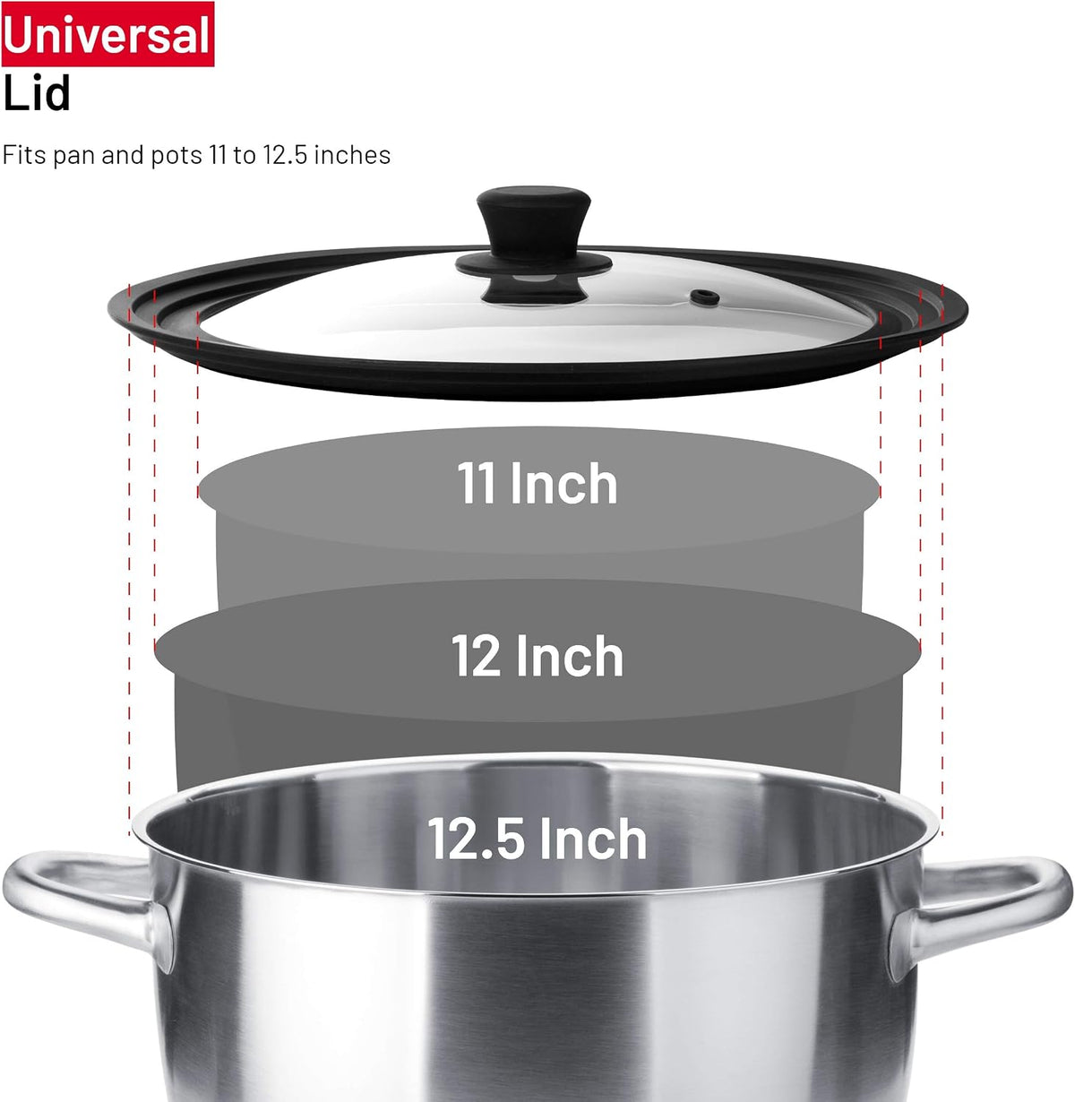 Universal Lids for Pots, Pans and Skillets - Tempered Glass with Vented Silicone Rim and Heat-Resistant Handle - Fits Multiple Cookware Sizes - Dishwasher & Microwave Safe (Single, 11",12",12.5")