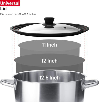 Universal Lids for Pots, Pans and Skillets - Tempered Glass with Vented Silicone Rim and Heat-Resistant Handle - Fits Multiple Cookware Sizes - Dishwasher & Microwave Safe (Single, 11",12",12.5")