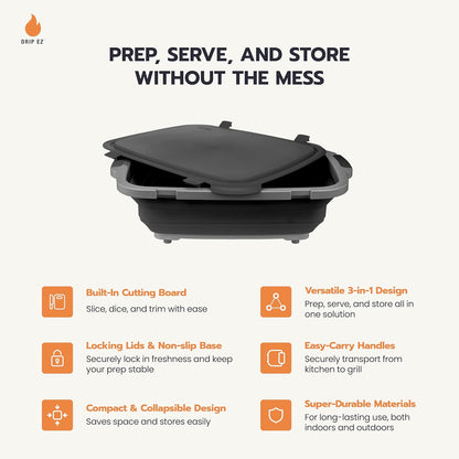 Drip EZ Collapsible BBQ Prep Tub - for Meal Prep Marinating Food Storage - Includes Cutting Board & Locking Lid - (1) XL - Black