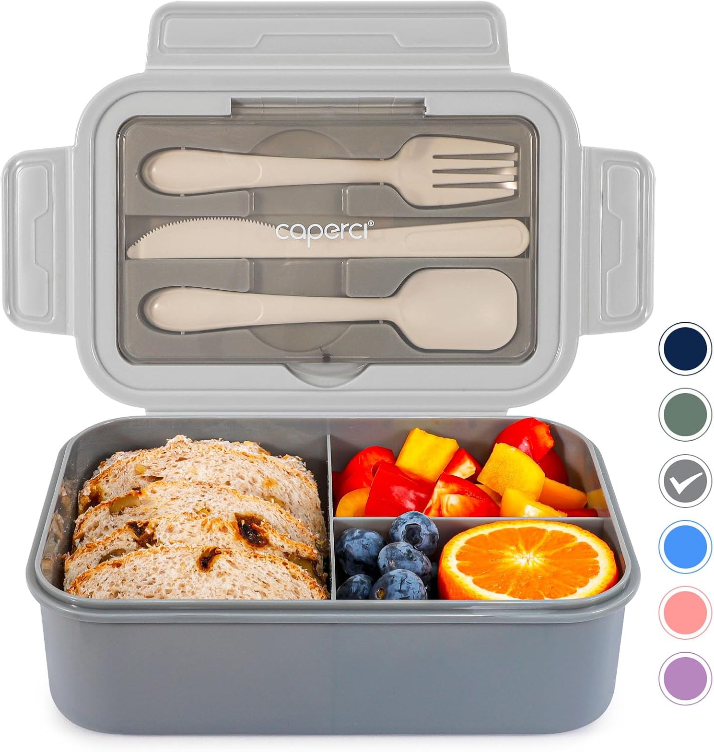 Caperci Classic Bento Box Adult Lunch Box for Older Kids - Leakpoof 47 oz 3-Compartment Lunch Containers for Adults and Teens, Built-in Utensil Set, Ideal for On-the-Go Balanced Eating,Khaki Green