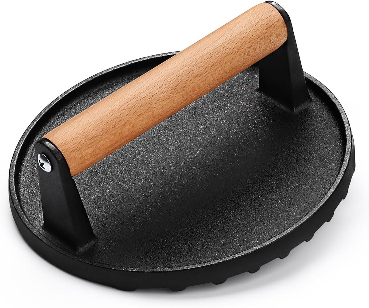 AIVIKI Burger Press, Smash Burger Press for Blackstone Griddle, Heavy Duty Cast Iron Round 6.9In & Rectangular 8.2x4.2In Bacon Grill Press with Wood Handle, Meat Steak Weight for Sandwich, Paninis