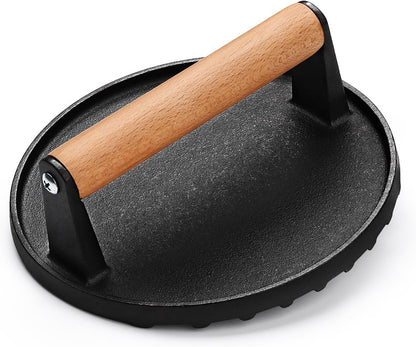 AIVIKI Burger Press, Smash Burger Press for Blackstone Griddle, Heavy Duty Cast Iron Round 6.9In & Rectangular 8.2x4.2In Bacon Grill Press with Wood Handle, Meat Steak Weight for Sandwich, Paninis