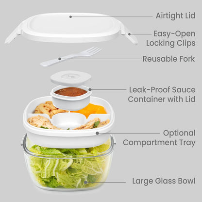 Bentgo Glass Salad Container - 7.6-Cup Salad Bowl with Airtight Lid, Leak-Proof Sauce Container, 4-Compartment Bento Tray & Reusable Fork - BPA-Free for Meal Prep, Office & More (Light Blue)