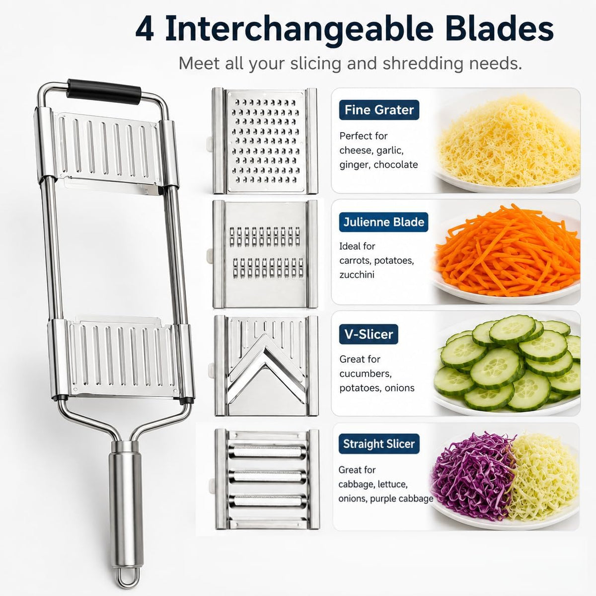4-in-1 Mandoline Slicer, Stainless Steel Vegetable Cutter for Kitchen
