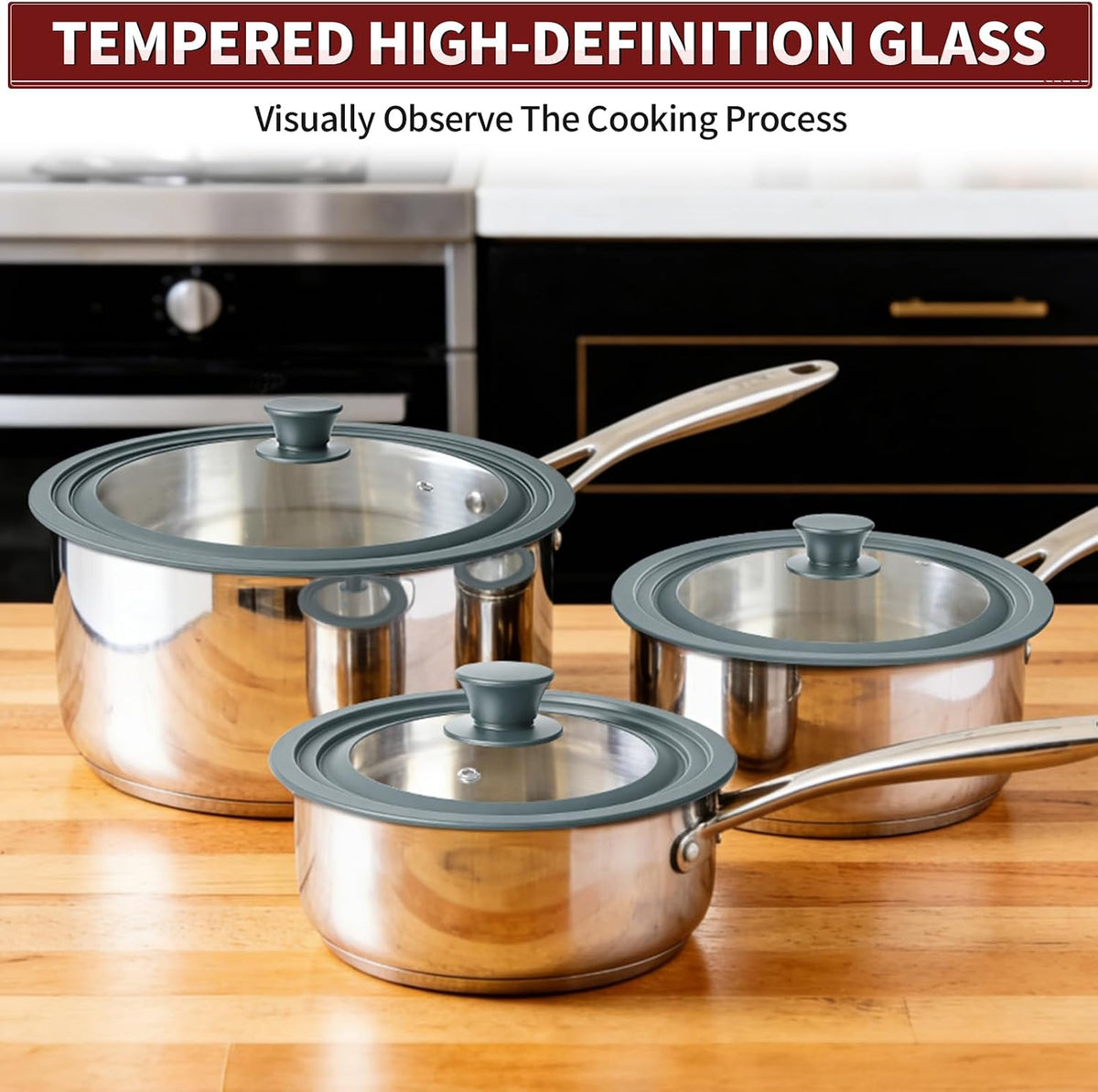 3 Pack Universal Pan Lids,Replacement Pan Lid Fits 6", 7" 8" & 8", 9" 9.5" & 10", 11" 12" Cookware,Tempered Glass Pan Cover with Heat Resistant Rim for Skillets, Pots, Frying Pans & CrockPot