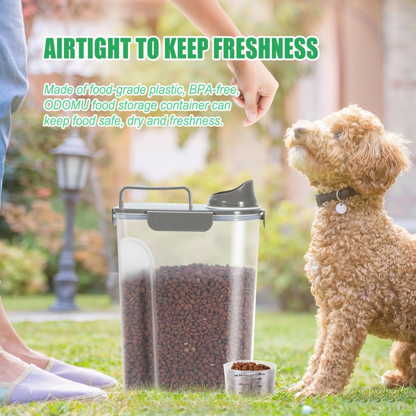 Dog Cat Food Storage Container, Pet Food Pourable Container Airtight with Large Spout & Cup, BPA-Free Plastic Food Dispenser for Pet Food, Bird Seed, Rice, Flour (Dark Gray, 2.5L)