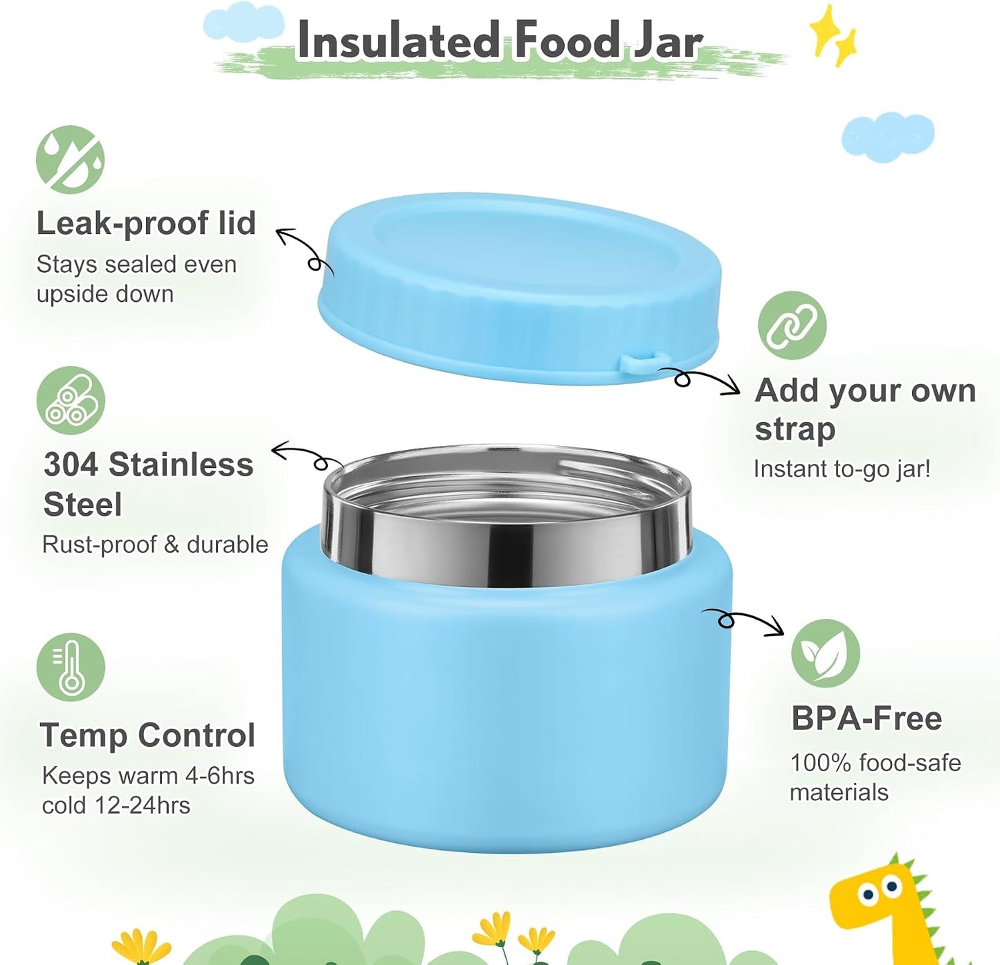 Lunch Box Kids with 5 Compartments, Insulated Food Jar & Utensils, Leak Proof Bento Box with Sauce Container, BPA-Free & Dishwasher Safe, Dinosaur Design(Purple)