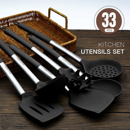 Kitchen Utensils Set-Silicone Cooking Utensils-33pcs Non-Stick Silicone Cooking Kitchen Utensils Spatula Set with Holder-Best Kitchen Cookware with Stainless Steel Handle (Khaki)