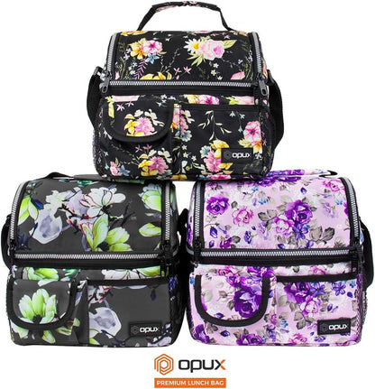 opux Insulated Lunch Bag Women Men, Dual Compartment Leakproof Lunch Box Adults Kids, Double Decker Meal Prep Bento Lunch Cooler Tote with Shoulder Strap for Work Office School Travel, Floral Purple