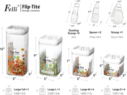 Felli Flip Tite Acrylic Food Storage Container with Lid 6” XL Air Tight Ring Seal Flip Top, Plastic Kitchen Baking Canister for 5 lb Flour Sugar Rice Protein Powder Pantry Organizer (Nest-M, White)