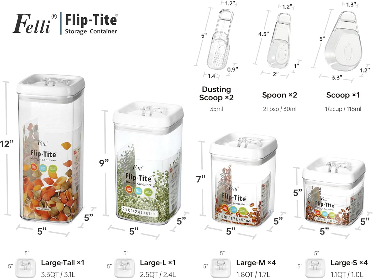 Felli Flip Tite Storage Container with Lid 4” RECTANGULAR Airtight Ring Flip Top, Stackable Kitchen Counter Pantry Organizer Acrylic Canister Jar for Pasta Spaghetti Cereal Granola Coffee (1.9qt)