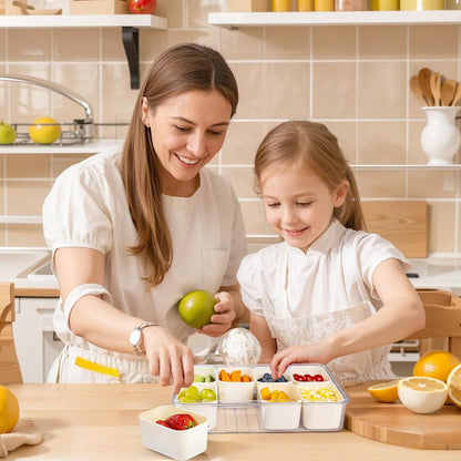 U-QE Dishwasher Safe Snackle Box Container with 8 Small Snacks Box - Premium Ivory Plastic Divided Serving Tray with Lid and Handle for Snack, Veggie, Fruits, Perfect for Party, Picnic, Entertaining