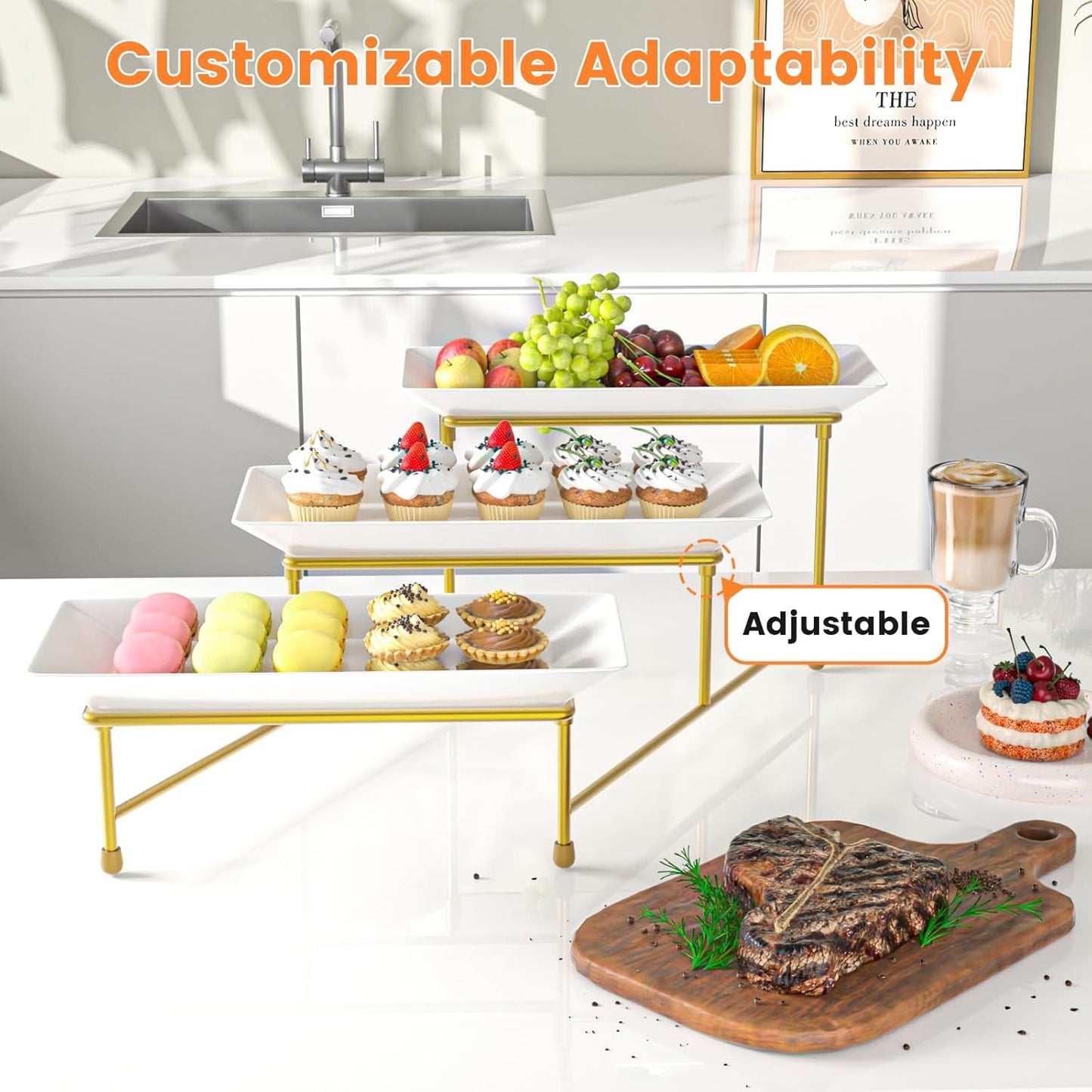 3 Tier Servings Tray for Party, 12"x6" Tiered Serving Platters with Steel Display Stand for Sevring Food,Cookies,Veggie, Dessert,Fruit, Black
