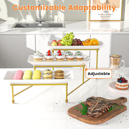 3 Tier Servings Tray for Party, 12"x6" Tiered Serving Platters with Steel Display Stand for Sevring Food,Cookies,Veggie, Dessert,Fruit, Black