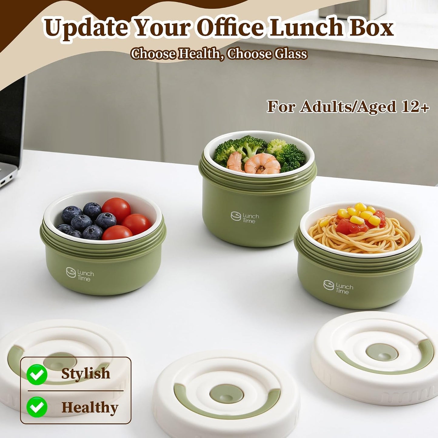 Portable Bento Box Adult Lunch Box Set, 3 Pcs Glass Lunch Container for Adults, 15 Oz+15 Oz+22 Oz Adult Lunchable Containers with Insulated Bag, Leak-Proof, Microwave Safe (Yellow (Glass Liner))