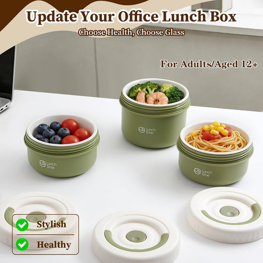 Portable Bento Box Adult Lunch Box Set, 3 Pcs Glass Lunch Container for Adults, 15 Oz+15 Oz+22 Oz Adult Lunchable Containers with Insulated Bag, Leak-Proof, Microwave Safe (Yellow (Glass Liner))