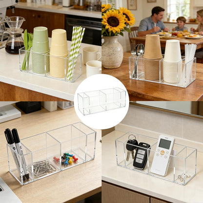Clear Acrylic Cup Holder with Marker Slot, 4 Compartment Disposable Cup Dispenser Organizer, Coffee Bar Accessories for Home Kitchen, Office Break Room, Party Buffet, Bar Counter Decor
