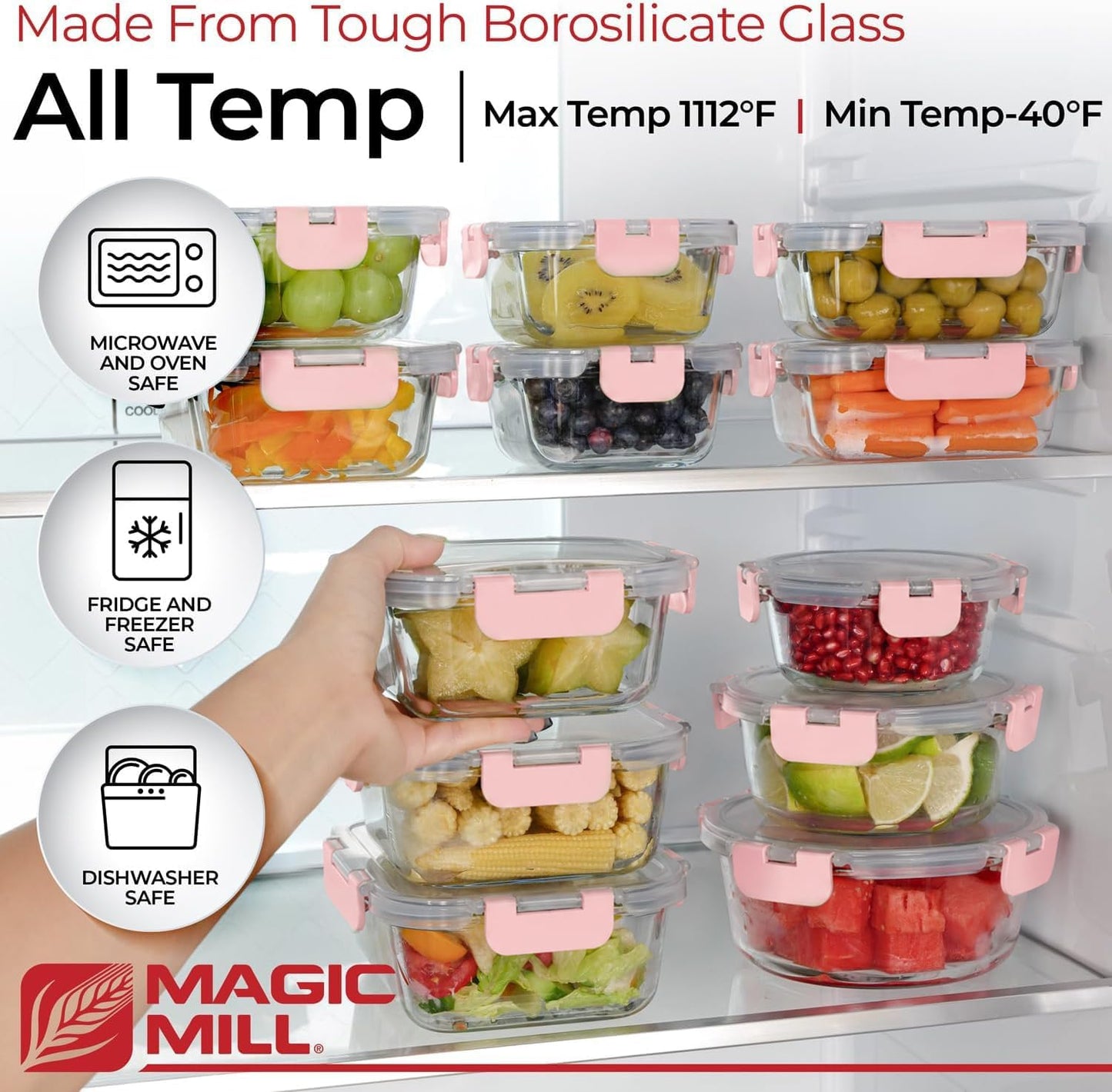 Magic Mill Premium Borosilicate Glass Food Storage Containers with lids Set | 24pc Sets with 12 Bowls & 12 Airtight Locking Lids for Lunch & Meal Prep, Safe for Oven, Freezer, Dishwasher, BPA-Free