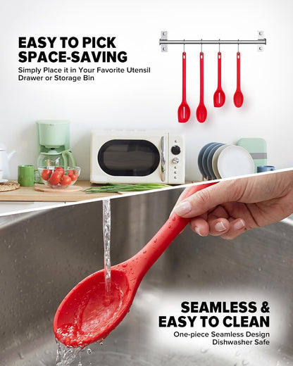 Silicone Cooking Spoons Set, Heat Resistant Kitchen Utensils, Non-Stick BPA Free Solid & Slotted Spoons for Mixing, Scooping, Draining, Serving, Basting (4 Pack) (RED)