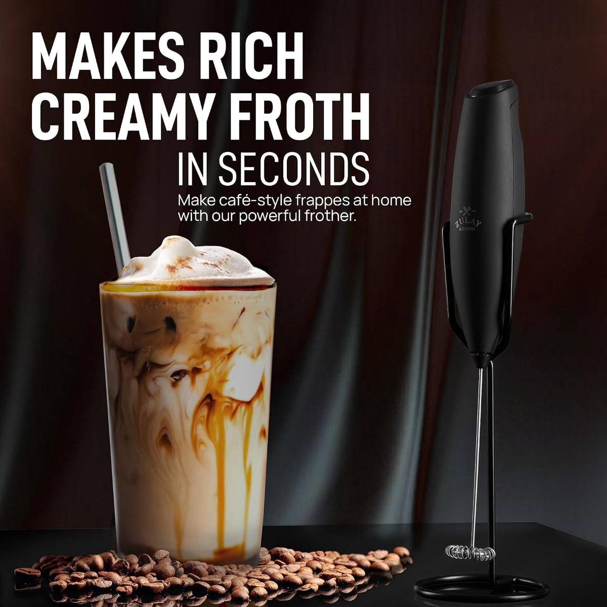 Zulay Kitchen Rechargeable Milk Frother Handheld - Frother Wand, Drink Mixer, Electric Whisk Frother, for Cappuccinos, Matcha & Protein Powder - Dynamic 3 Whisk, 3 Speed 500mAh Black - Colors C