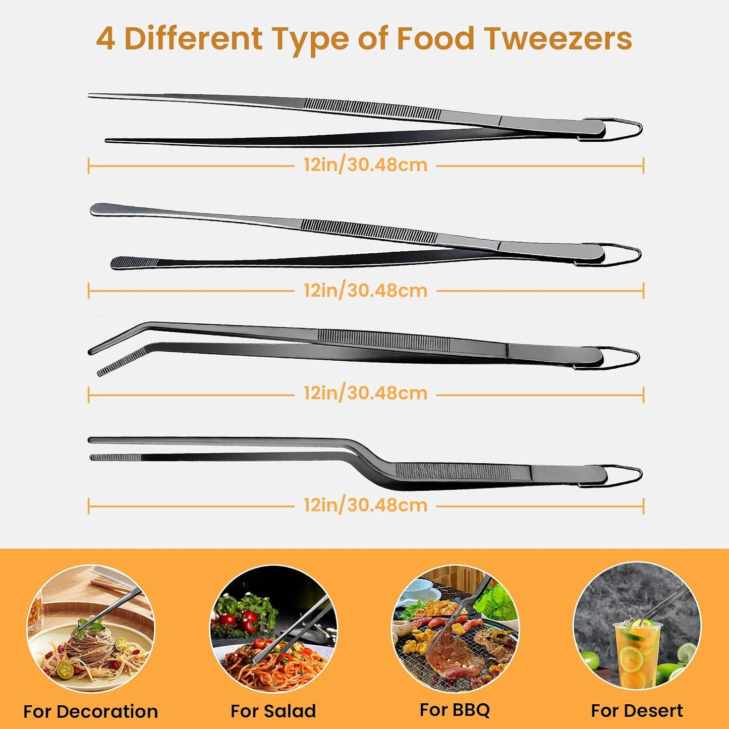 GEEKHOM 4-Piece 12 & 10-Inch Cooking Tongs: Professional Stainless Steel Scissor Tongs Set with Non-Slip Grip (Black)