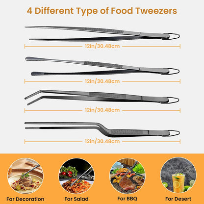 GEEKHOM 4-Piece 12 & 10-Inch Cooking Tongs: Professional Stainless Steel Scissor Tongs Set with Non-Slip Grip (Black)