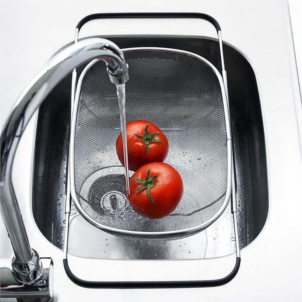 2 PackPremium Quality Over The Sink Stainless Steel Oval Colander with Fine Mesh 6 Quart Strainer Basket & Expandable Rubber Grip Handles - Strain, Drain, Rinse Fruits, Vegetables1