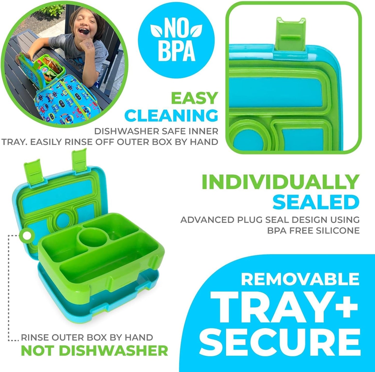 Kids Lunch Box - Bento Box for Boys Toddler Daycare, 4 Portion Sections with Lid, Snack Container Pre-School Kid Lunches Toddlers Removable Tray BPA Free, 3+ Years Old, Blue Rocket Dinosaur