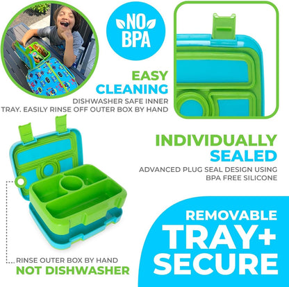 Kids Lunch Box - Bento Box for Boys Toddler Daycare, 4 Portion Sections with Lid, Snack Container Pre-School Kid Lunches Toddlers Removable Tray BPA Free, 3+ Years Old, Blue Rocket Dinosaur