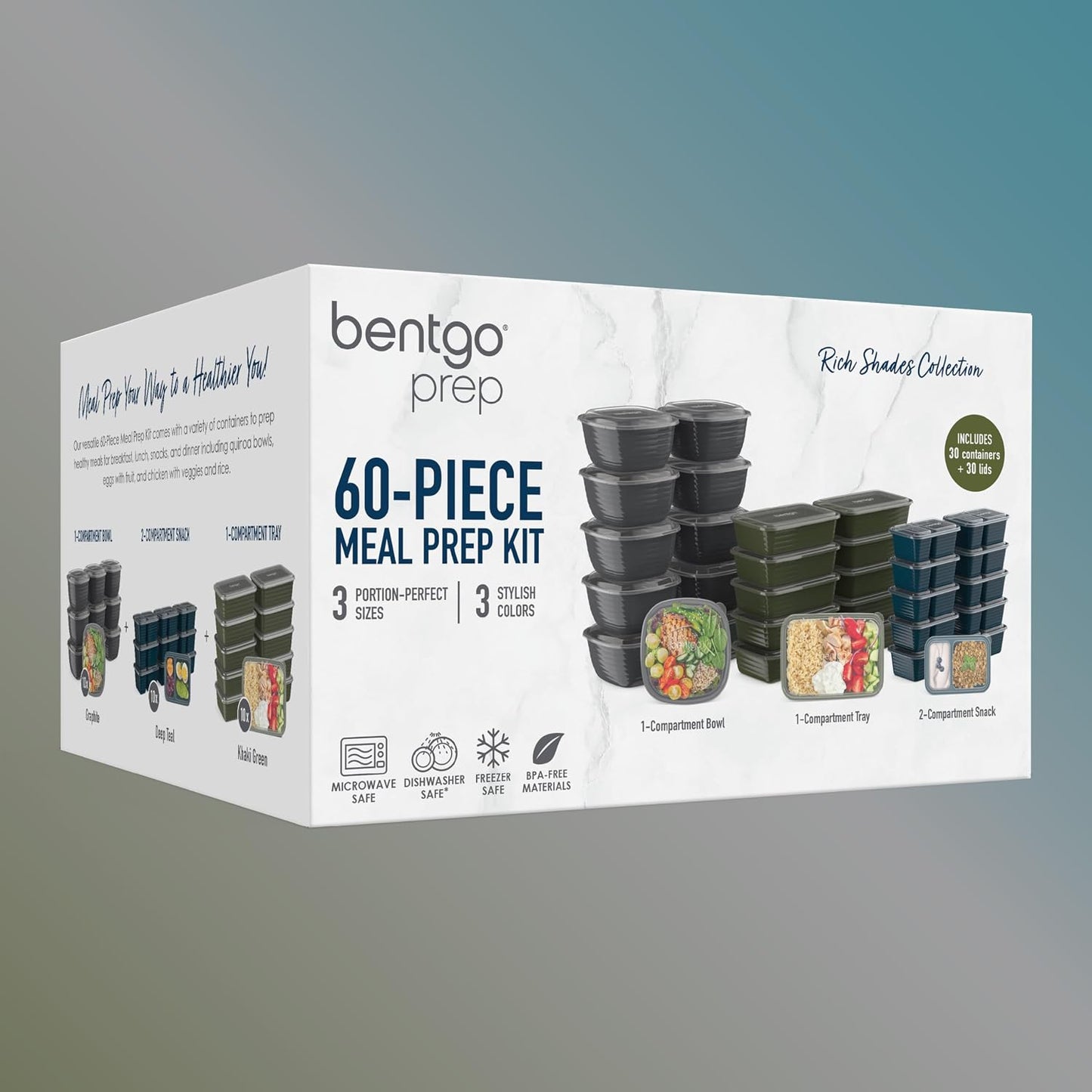 Bentgo Prep 60-Piece Variety Meal Prep Kit - Reusable PFAS & BPA-Free Food Containers 1-Compartment Trays, Prep Bowls, & Snack Boxes - Microwave, Freezer, & Dishwasher Safe (Rich Shades)