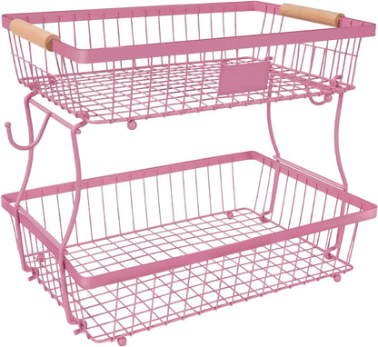 Fruit Basket Bowl 2 Tier Detachable with 2 Banana Hangers, Fruit Stand Holder for Kitchen Countertop, Metal Wire Vegetable Storage Organizer, for Bread Snack Veggies Produce, Black