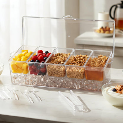 IVYHOME 3-Tier Chilled Serving Tray with Lid, 15" Fruit Ice Serving Platter with 4 Compartments, Shrimp Cocktail Serving Dish, Divided Serving Bowl for Parties