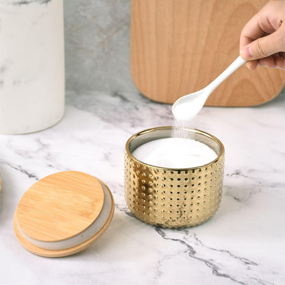 Salt Cellar Keeper with Bamboo Lid, 14oz Big Capacity Ceramic Sugar Bowls Pepper Box, Crackle Glaze Seasoning Container Condiment Pot for Kitchen (Blue Color)
