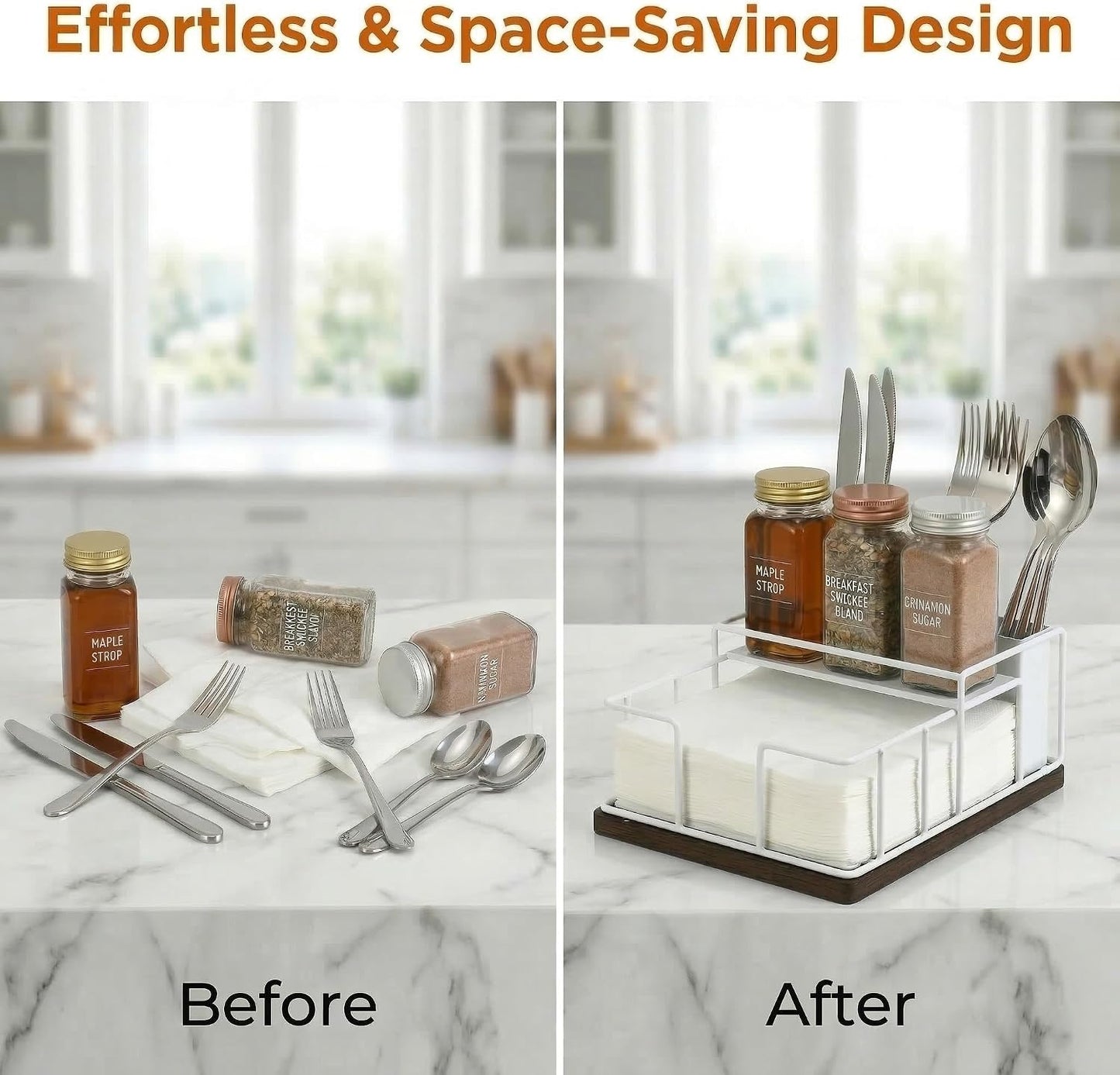Napkin Holder for Table, 3-in-1 Wood & Metal Utensil Caddy, Cutlery Organizer & Spice Rack for Kitchen Counter, Dining, Outdoor Patio (Black)