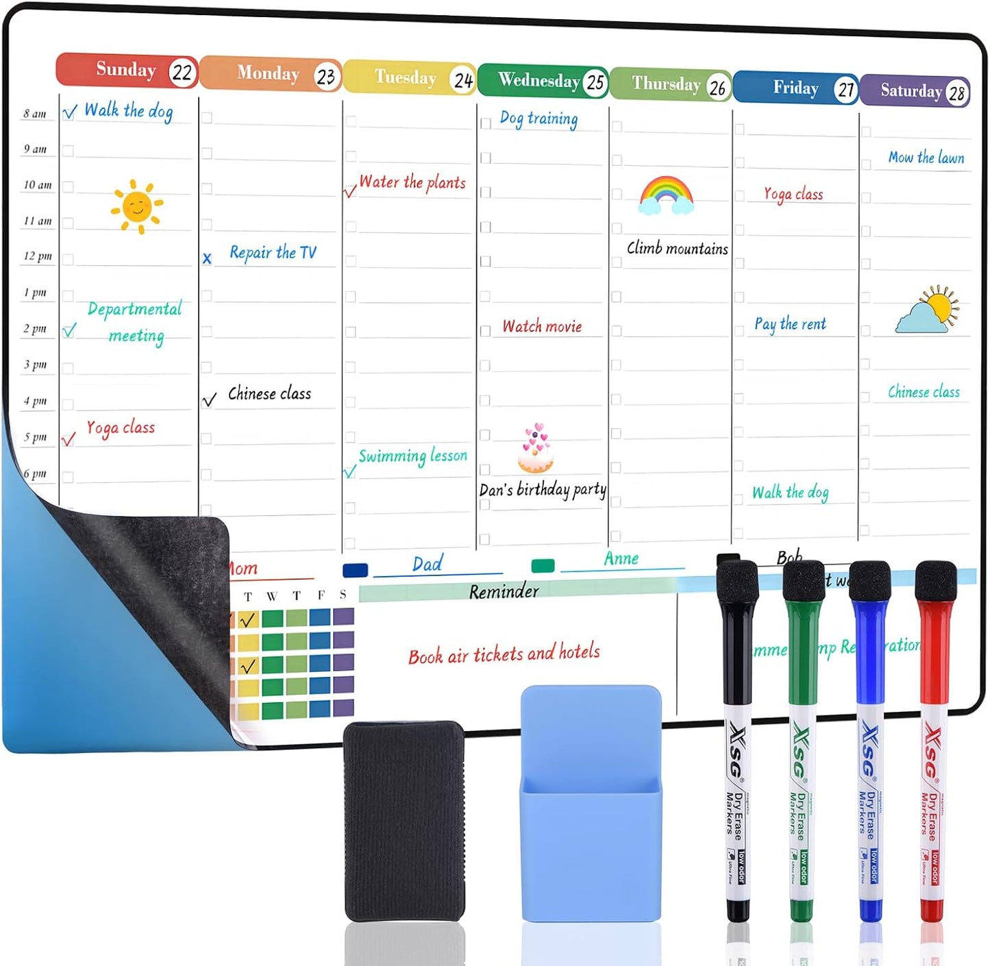 POPRUN Dry Erase Weekly Calendar Whiteboard, Magnetic Hourly Schedule Board | 16.9 x 11" Weekly Planner for Fridge, Time Slots, Family Daily Planning for Refrigerator, Homeschool, Work