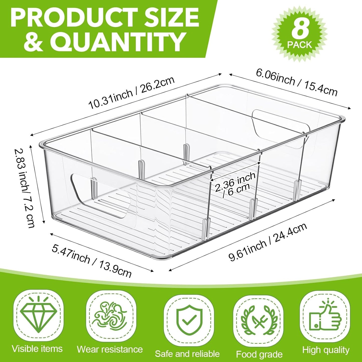 8 Pcs Pantry Organizers Bins, Clear Plastic Stackable Snack Storage Containers with 3 Dividers for Kitchen Cabinet Fridge Shelf Organization, 4 Compartment Holder