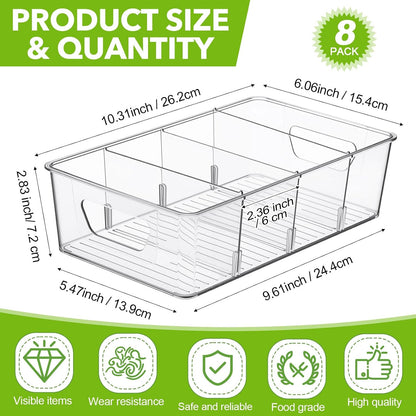 8 Pcs Pantry Organizers Bins, Clear Plastic Stackable Snack Storage Containers with 3 Dividers for Kitchen Cabinet Fridge Shelf Organization, 4 Compartment Holder