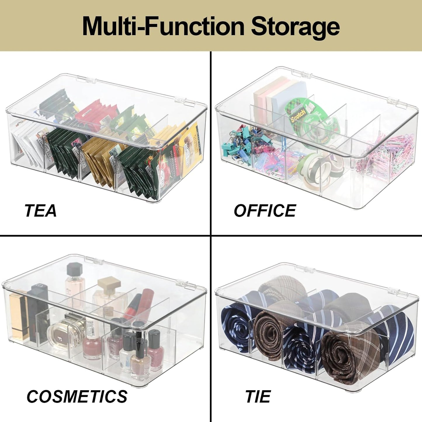 ZEXALOR Socks Underwear Drawer Organzier Dividers, 16 Compartment Removable Divided Plastic Storage Bin with Lid, Storage Organizer for Scarves Ties Bras, Clear Dresser Drawer Organizers