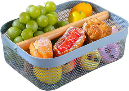 AJIODA Metal Mesh Steel Storage Basket, Garden Harvest Wire Organizer Basket Multi-functional Kitchen Fruit Basket with Wooden Removable Partition & Handle for Bathroom Picnic Decor Cabinet, Grey