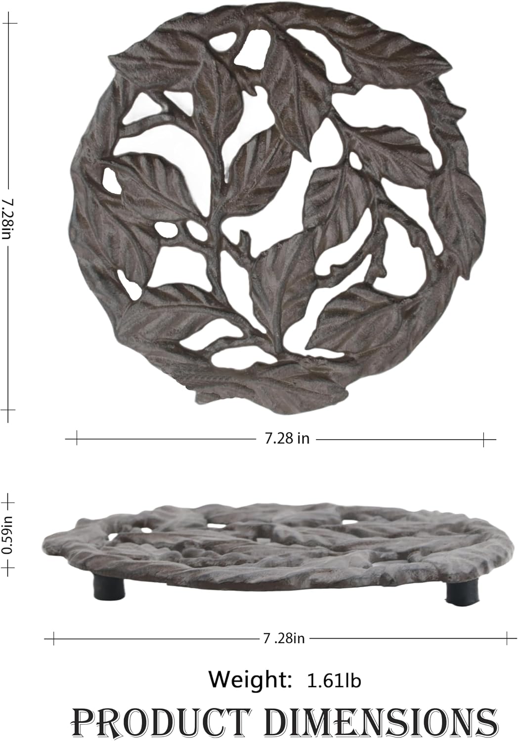 Cast Iron Trivet, 7.28 inch Metal Trivet for Hot Dishes, Heat-Resistant Decorative Trivets to Protect Dining Countertop or Kitchen Decoration with 2 Silicone Mini Pinch Mitts