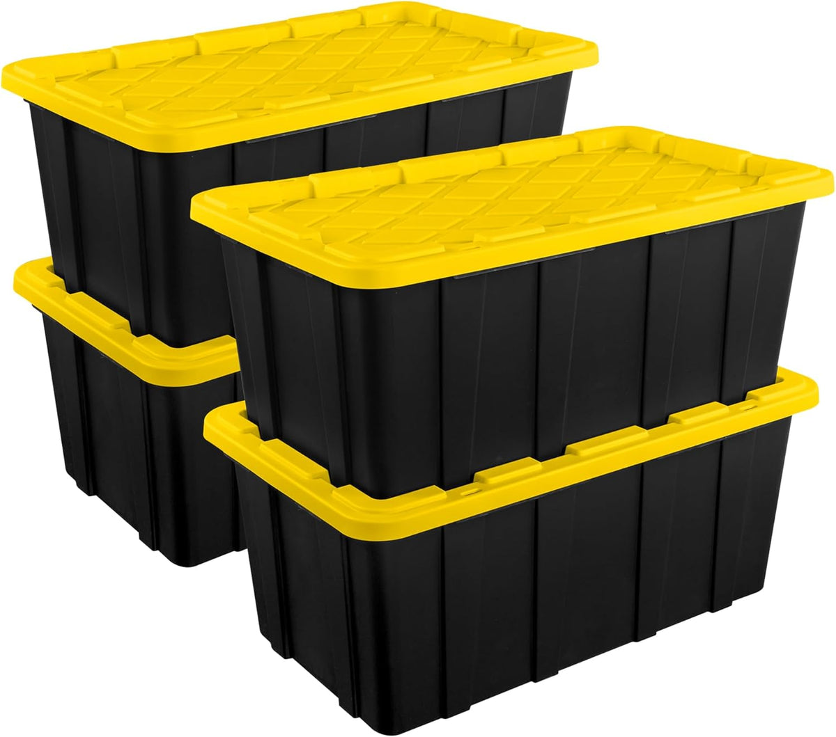 Sterilite 4-Pack 27 Gallon Industrial Storage Tote, Heavy-Duty Plastic Bins, Black/Yellow - Stackable Utility Organizers with Lids for Garage, Camping Tools, and Outdoor Gear